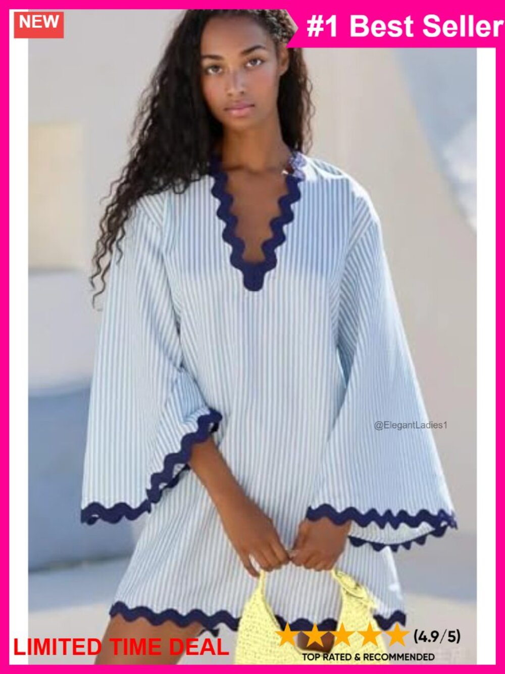 VAOYIU Boho Striped V Neck Flare Sleeve Mini Dress Wavy Trim Beach Coverup - Picture 2 of 6